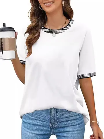 Women Round Neck Short Sleeve Top Contrast Ribbed Trim Loose Casual Knit T-Shirt Fashion Solid Color Basic Tee