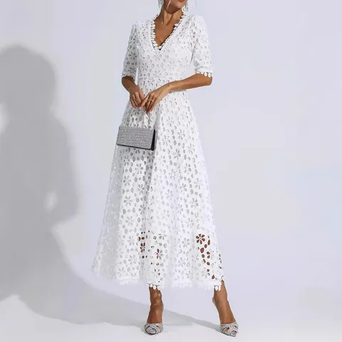 Women Elegant Deep V-Neck Lace Midi Evening Dress White Floral Hollow Out Half Sleeve Party Wedding Dress