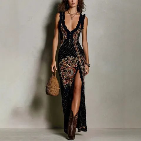 Böhmisches Paisley Blumenmuster Maxi Kleid Für Damen Ärmellos V-Ausschnitt Schlitz Rüschen Patchwork Polyester Langes Sommerurlaub Kleid