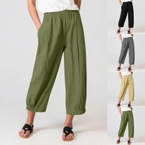 Pantalón Harem de Algodón y Lino de Cintura Alta para Mujer de Pierna Ancha Holgado Pantalón Cropped de Moda Urbana Casual Con Bolsillos