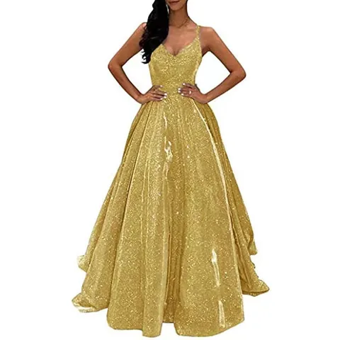 Damen Mode Glitzer Pailletten Langes Abendkleid Spaghettiträger V-Ausschnitt Bankett Party Elegant Polyester Cupro Maxi Kleid