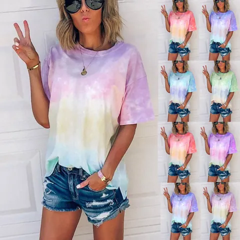 Maglietta da Donna Casual Stampa Tie Dye Sfumata Vestibilità Comoda Manica Corta Girocollo Streetwear Top