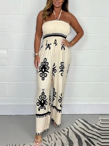 Women Summer Printed Bandeau Jumpsuit Wide Leg Pants Sleeveless Bohemian Ethnic Jumpsuit For Vacation Fashion Romper