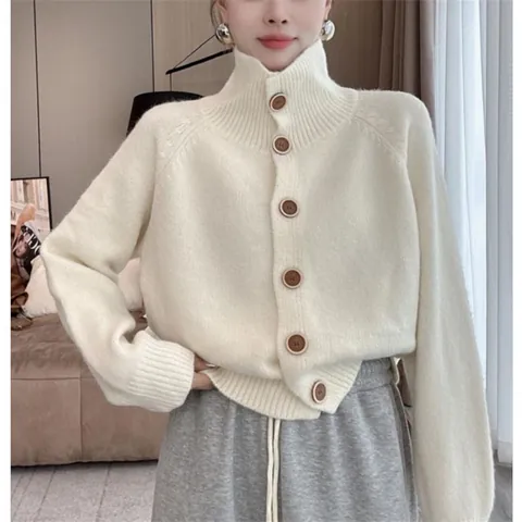 Γυναικεία Πλεκτή Ζακέτα Με Ψηλό Γιακά Oversized Ρετρό Κορεατικό Στυλ Ακρυλικό Μονόχρωμο Μονόπετο Χαλαρή Εφαρμογή Πουλόβερ για Φθινόπωρο Χειμώνα