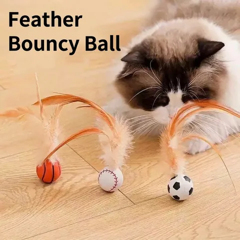 Interactive Cat Toy Rubber Bouncy Ball With Artificial Feather Basketball Soccer Baseball Design For Indoor Exercise Boredom Relief