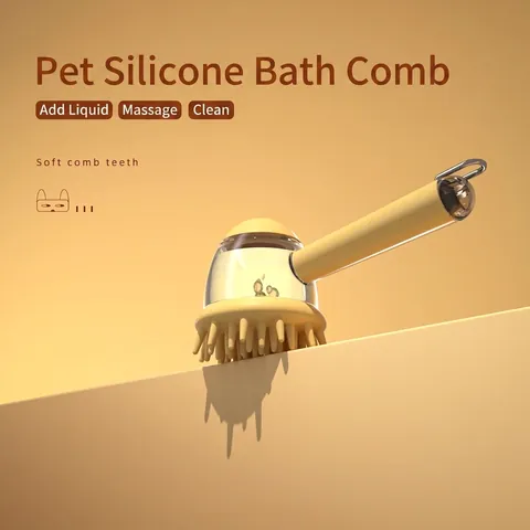 Pet Bath Brush Silicone Massage Comb with Liquid Dispenser Long Handle Dog Cat Grooming Cleaning Tool ABS Silicone Scrubber