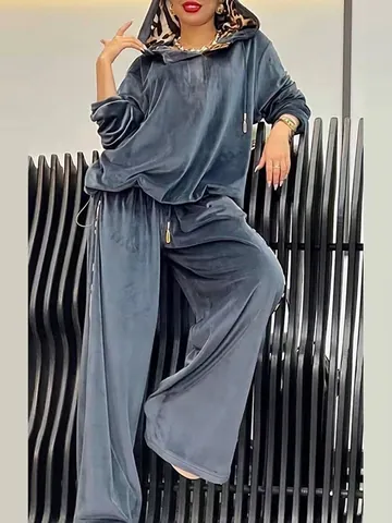 Ensemble Capuche Et Pantalon Effet Velours Polyester Femmes Doublure Léopard Couleur Unie Manches Longues Top Et Bottom