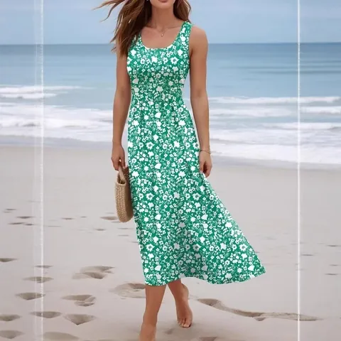 Women's Casual Floral Print Sleeveless Maxi Dress Summer Beach Holiday Round Neck Loose Waist Polyester Long Sun Dress