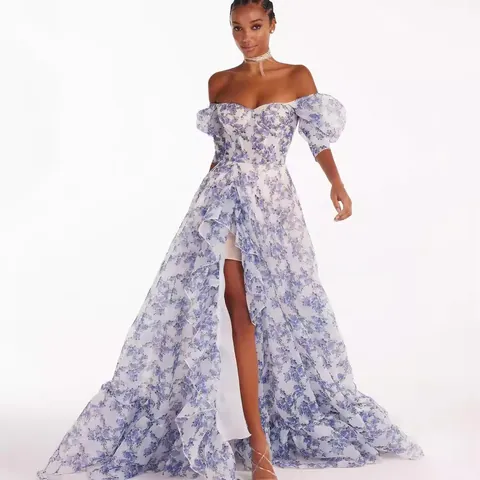 Women Off Shoulder Floral Organza Maxi Dress Elegant Puff Sleeve Ruffle High Split Evening Gown Party Dress Wedding Gown