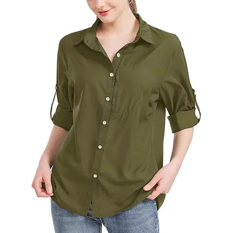 Top de Manga Larga con Solapa en Color Liso para Mujer Blusa Casual de Negocios con Botones y Bolsillo con Cremallera