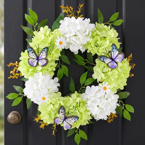 Artificial Green White Hydrangea Butterfly Wreath Handmade Floral Door Hanging For Spring Easter Valentine's Day Wall Decor