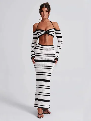 Women Sexy Striped Halter Top And Bottom Set Backless Long Sleeve Crop Top And High Waist Bodycon Long Skirt Two Piece Set