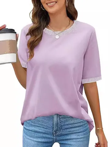 Women Round Neck Short Sleeve Top Contrast Ribbed Trim Loose Casual Knit T-Shirt Fashion Solid Color Basic Tee