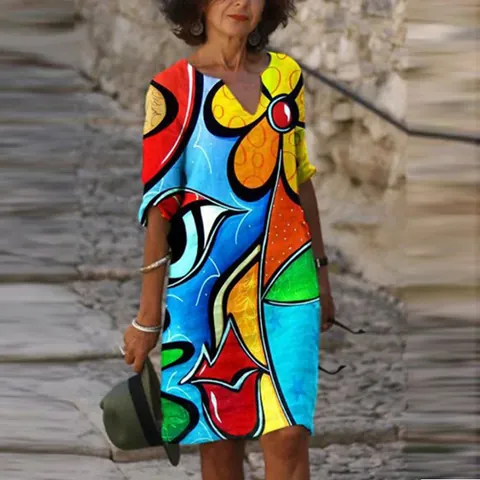 Damen Vintage V-Ausschnitt Abstrakter Druck Midi Kleid Casual Kurzarm Boho Retro Polyester Kleid Für Frühling Sommer