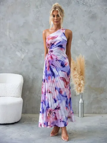 Women Sexy One Shoulder Floral Print Pleated Maxi Dress Elegant Cut Out Waist Sleeveless Party Evening Long Dress