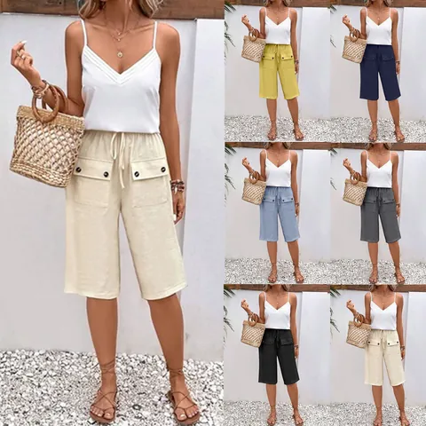 Women Cotton Linen Bermuda Shorts Loose Fit Elastic Drawstring Waist Casual Five Point Pants With Pockets Button Decoration Solid Color Beach Shorts