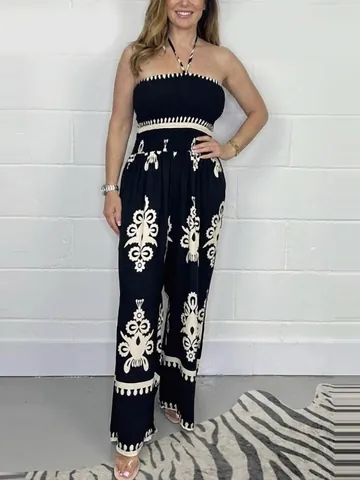 Women Summer Printed Bandeau Jumpsuit Wide Leg Pants Sleeveless Bohemian Ethnic Jumpsuit For Vacation Fashion Romper