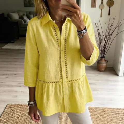 Γυναικείο Casual Πουκάμισο από Πολυεστέρα με Δαντέλα Patchwork Κομψό Μανίκι 3/4 Βολάν Κουμπιά Τοπ για το Καλοκαίρι
