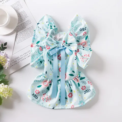 Sweet Floral Pet Dog Dress Summer Thin Breathable Cat Puppy Skirt With Bowknot Leash D-Ring For Small Dogs Cats Clothing