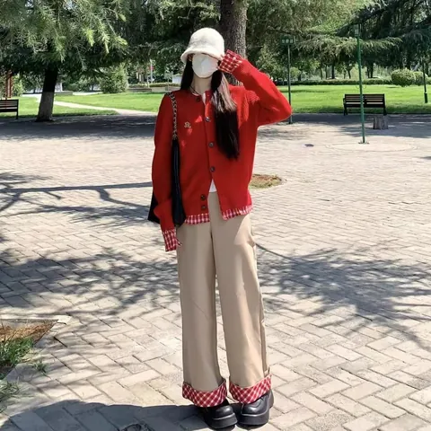 Cárdigan de Punto Estilo Preppy para Mujer Falsa Dos Piezas Patchwork Cuadros Mezcla de Lana de Oveja Manga Larga Suéter