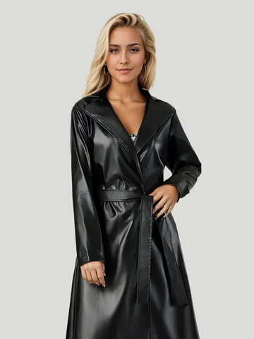 Trench-coat Long en Cuir Synthétique Noir pour Femmes Style Peignoir Coupe Slim Revers Veste Coupe-vent Mode Avec Ceinture