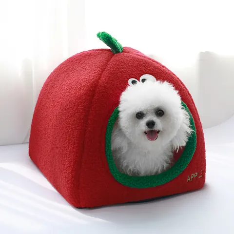 Enclosed Apple Shaped Pet Bed Thickened Warm Deep Sleep Nest For Small Medium Dogs And Cats Teddy Velvet Fabric Red Green Fruit Design