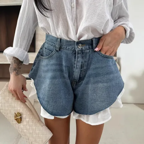 Women High Waist Ruffle Hem Denim Shorts Washed Raw Edge Patchwork Sexy Hot Girl Summer Casual Streetwear Denim Bottoms