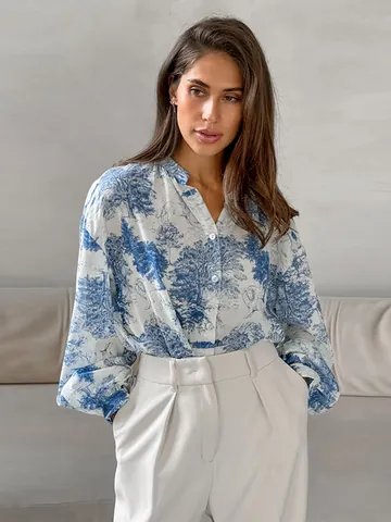 Women Mandarin Collar Printed Blouse Polyester Spandex Lantern Sleeve Patchwork Top Vintage Toile de Jouy Style Shirt