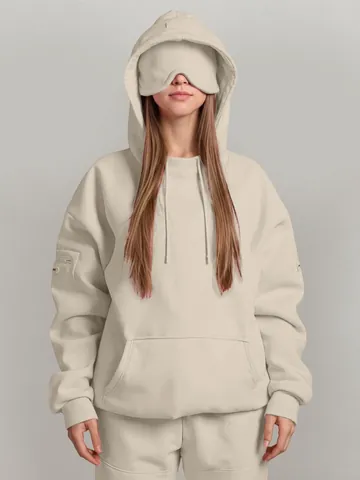 Women Oversized Hooded Sweatshirt With Built-in Eye Mask Solid Color Long Sleeve Pullover Hoodie With Kangaroo Pocket