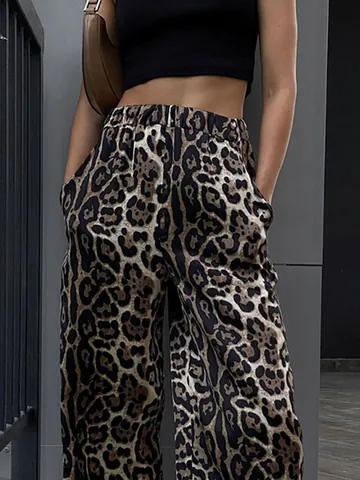 Women Leopard Print High Waist Wide Leg Pants Streetwear Casual Loose Full Length Trousers Autumn Fashion Bottoms