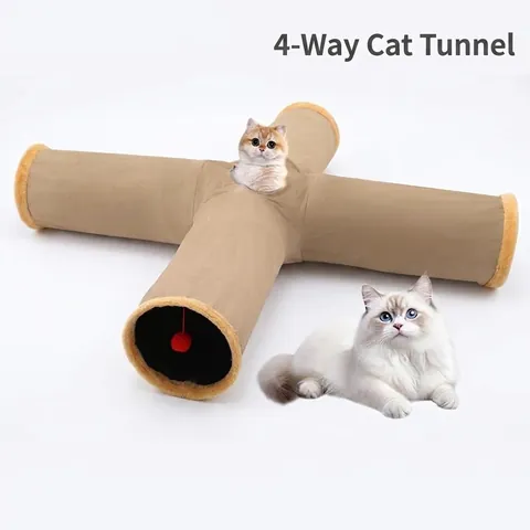 Foldable 4-Way Suede Cat Tunnel Toy For Indoor Cats With Hanging Ball Crinkle Pet Tube For Playing Hiding Kitten Tunnel