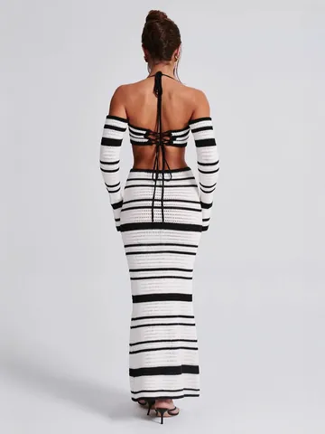 Women Sexy Striped Halter Top And Bottom Set Backless Long Sleeve Crop Top And High Waist Bodycon Long Skirt Two Piece Set