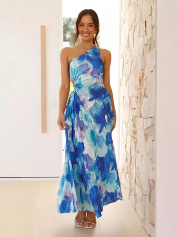 Women Sexy One Shoulder Floral Print Pleated Maxi Dress Elegant Cut Out Waist Sleeveless Party Evening Long Dress