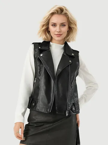 Women Fashion Short PU Leather Vest Lapel Zip Up Sleeveless Biker Jacket Faux Leather Waistcoat Outerwear Top