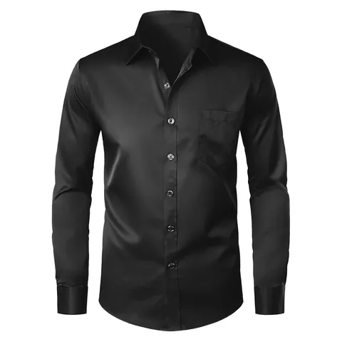 Men Professional Light Business Long Sleeve Dress Shirt Slim Fit Satin Gloss Fabric Square Collar Button Down Top