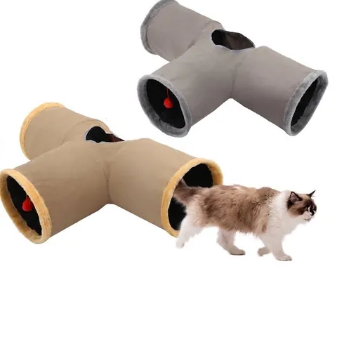 Foldable 3-Way Cat Tunnel Toy Interactive Suede Cat Tube With Hanging Ball And Plush Trim Indoor Pet Play Tunnel For Boredom