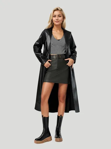 Trench-coat Long en Cuir Synthétique Noir pour Femmes Style Peignoir Coupe Slim Revers Veste Coupe-vent Mode Avec Ceinture