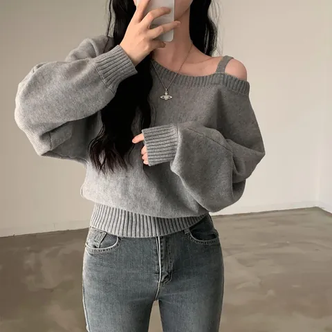 Maglione Donna in Maglia Larga con Spalla Scoperta Stile Vintage Coreano Top a Manica Lunga in Poliestere Tinta Unita