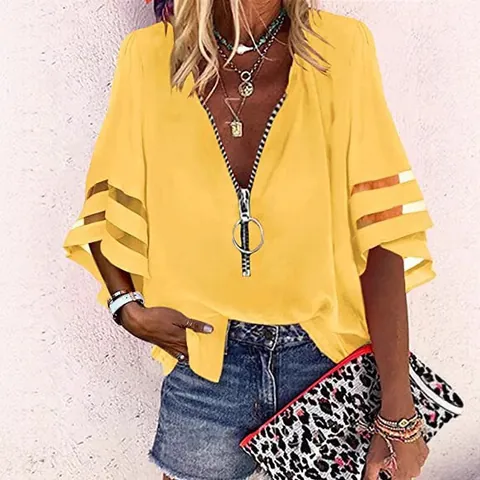Damen V-Ausschnitt Reißverschluss Chiffon Hemd Netz Patchwork Halb Glockenärmel Locker Lässig Top Bluse Polyester Spleißen Kleidung