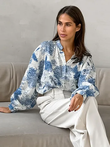Women Mandarin Collar Printed Blouse Polyester Spandex Lantern Sleeve Patchwork Top Vintage Toile de Jouy Style Shirt