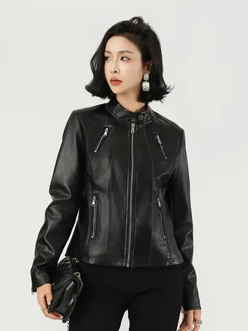 Giacca da Donna in Ecopelle Slim Fit Collo in Piedi Cerniera in Metallo Moto Biker Ricamata Tinta Unita Manica Lunga