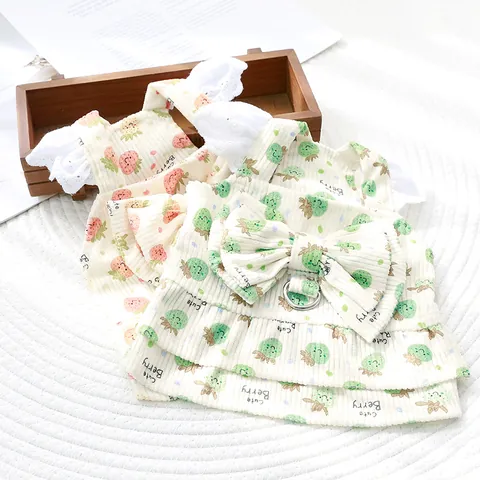 Pet Corduroy Princess Dress with Strawberry Print Bow Knot Lace Trim and Traction Buckle for Small Dogs and Cats