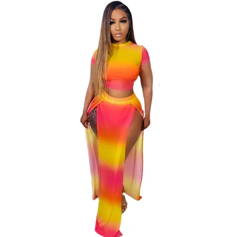 Conjunto De Top Y Bottom Para Mujer Sexy Estampado Degradado Atardecer Crop Top De Manga Corta Cuello Redondo Y Falda Maxi Con Abertura Alta