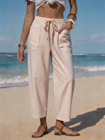 Women Striped Casual Pants High Waist Drawstring Beach Trousers With Pockets Ankle Length Polyester Linen Look Loose Summer Bottoms