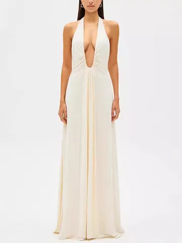 Sexy Deep V Neck Halter Maxi Dress Women Sleeveless Backless Ruched Solid Color Evening Party Banquet Bodycon Dress