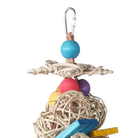 Parrot Chewing Toy Natural Rattan Balls Colorful Wood Blocks Hanging Bird Toy For Small Medium Birds Cage Accessories