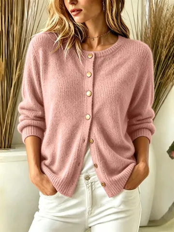 Women's Elegant Polyester Knit Cardigan Sweater Solid Color Round Neck Long Sleeve Gold Button Knitted Top For Autumn Winter