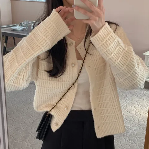 Vintage Franse Stijl Acryl Gebreid Vest Voor Vrouwen Chique Effen Kleur Lange Mouw Slim Fit Knoopsluiting Vroegherfst Top