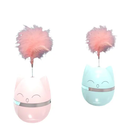 Interactive Cat Toy Tumbler Kitten Toy With Feather Spring Design Cartoon Cat Shape Indoor Pet Exercise Teaser Toy