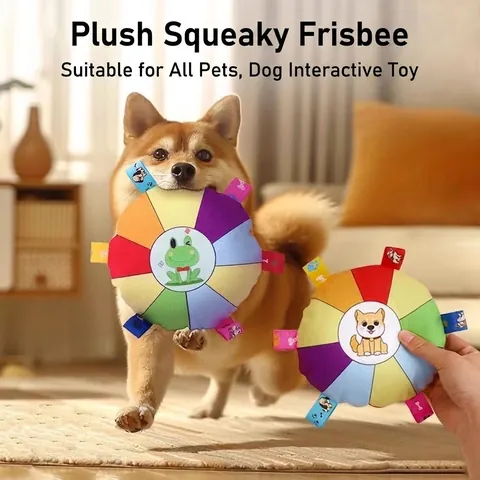 Squeaky Plush Dog Toy Frisbee Interactive Rainbow Pattern Soft Polyester Puppy Teething Training Toy For Small Medium Dogs